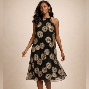 CO Designer Gold Rose Appliqué Dress Black Sleeveless Midi (Spring/Summer 2018)